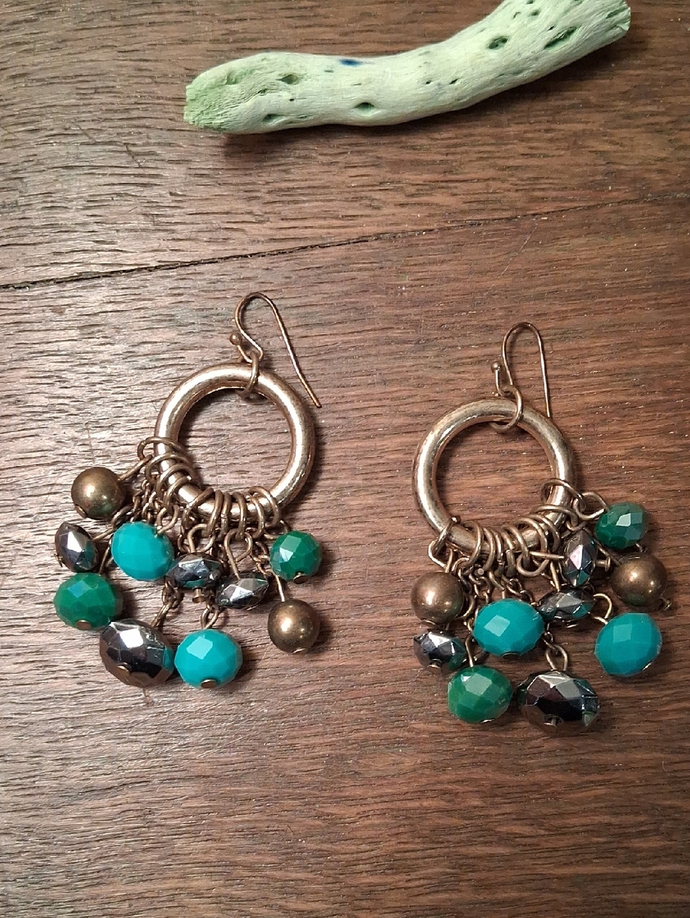 Dainty Turquoise Green Bead Dangle Earrings with Antiqued Gold Hoops